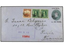 CUBA. 1902. HABANA A FRANCIA. Entero Postal USA De 1 Cent. Verde S. Azul Habilitado Para 1 Cto. De Peso Circulado Por Ce - Autres & Non Classés