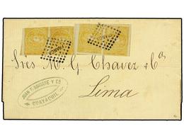 ECUADOR. 1872. 1r. Yellow On Surface Blued Paper, Two Horizontal Pairs On January 1872 Entire Letter From GUAYAQUIL To L - Other & Unclassified