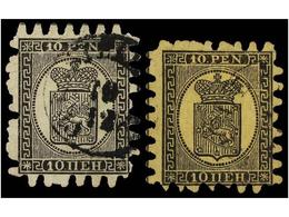 ° FINLANDIA. Mi.7Cx, 7Cz. 1866. 10 P.  Black On Salmon. Two Stamps, Some Short Perforations. Michel.900€. - Autres & Non Classés