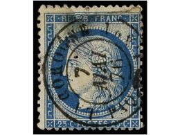 ° FRANCIA. Yv.37. 25 Cts. Azul. Mat. Fechador Marítimo LA COROGNE/PAQ. FR. J Nº1 (Salles 1095). Fechador No Conocido Sob - Autres & Non Classés