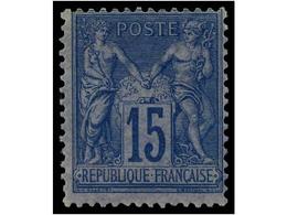 ** FRANCIA. Yv.90a. 1877-80. 15 Cts. Azul S. Azul. Color Muy Fresco, Goma Original Sin Fijasellos. Muy Bonito. Cat. 1.00 - Autres & Non Classés