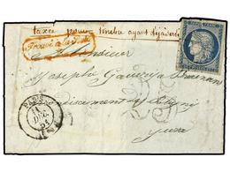 FRANCIA. Yv.4. 1851. PARIS A YURA. 25 Cts. Azul. FRAUDE AL CORREO Usando Un Sello Ya Circulado, Manuscrito ´TAXE POUR TI - Autres & Non Classés