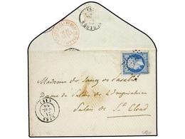 FRANCIA. Yv.14. 1858. RYES A ST. CLOUD. 20 Cts. Azul Fechador De Llegada BUREAU DU PALAIS ST. CLOUDE En Rojo. - Autres & Non Classés