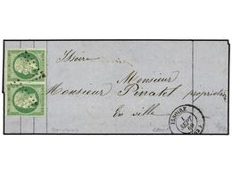 FRANCIA. Yv.12 (2). 1860. ISSOIRE. 5 Cts. Verde Pareja, Leve Pliegue De Archivo. Excelente Presencia. - Autres & Non Classés