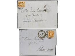 FRANCIA. Yv.23 (2). 1863-69. 2 Cartas De MARSELLA A BARCELONA Con Sello De 40 Cts. Naranja Mat. R.C. 2 Y PARRILLA 2 Ambo - Autres & Non Classés