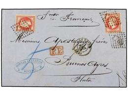 FRANCIA. Yv.24. 1868. LE HAVRE A BUENOS AIRES. 80 Cts. Rosa (2) Ciculada Vía Paquebot Francés Tasada A La Llegada Con ´5 - Autres & Non Classés