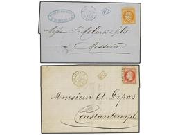 FRANCIA. Yv.31, 32. 1869. MARSELLA A CONSTANTINOPLA. 2 Cartas Franqueadas Con Sellos De 40 Cts. Naranja Y 80 Cts. Rosa. - Autres & Non Classés