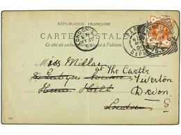 FRANCIA. 1899. PARIS To LONDON. 10 Cts. Black French Postal Stationery Card Redirected To DEVON With British 1/2 D. Oran - Autres & Non Classés