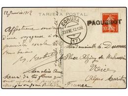 FRANCIA. 1912. Tarjeta Postal De SANTANDER Escrita A Bordo De Un Buque Francés, Sello De 10 Cts. Rojo, Mat. Lineal PAQUE - Autres & Non Classés