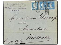 FRANCIA. 1926. FRANCIA A KINSHASA (Congo Belga). 25 Cts. Azul (2) Y 1 Fr. Azul. Mat. Rectangular PAQUEBOT. Al Dorso Lleg - Autres & Non Classés