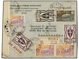 CAMERUN. 1943. DUALA A MARRUECOS. 2 Fr., 4 Fr. (2)  5 Fr. Y 10 Fr. (2). Carta Certificada, Etiqueta De Censura Y Llegada - Altri & Non Classificati