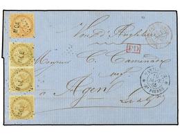 MARTINICA. 1865 (Sept 10). Entire Letter From St. Pierre To Agen Franked By Fine 1859-65 10c Bistre (3, Including A Pair - Autres & Non Classés