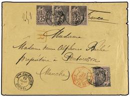 NUEVA CALEDONIA. 1889 (20 June). Triple-rate Cover Registered To Pontorson Bearing 25 C. Black On Rose (single And Strip - Otros & Sin Clasificación