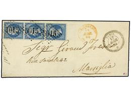 TUNEZ. Yv.22 (3). 1864. TUNIS A MARSELLA. 20 Cts. Azul Tira De Tres, Mat. CIFRAS GRANDES ´5015´ De BOHNE (Argelia) Y Fec - Otros & Sin Clasificación