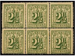 **/* ALEMANIA ANTIGUOS ESTADOS: HAMBURGO. Mi.14II (6). 1866. 2 1/2 S. Green. Block Of Six, Original Gum (2 Never Hinged) - Otros & Sin Clasificación