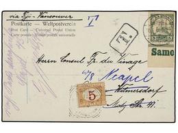 SAMOA. 1910. APIA A ALEMANIA. Tarjeta Postal Con Sello De 5 Pf. Verde, Reexpedida A NAPOLES (Italia) Tasada A La Llegada - Autres & Non Classés