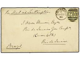 GRAN BRETAÑA. 1880. Envelope To BRAZIL Bearing SG 153, 4d Sage Green Tied By COLCHESTER Duplex Routed Via Southampton On - Other & Unclassified