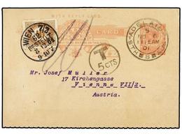 AUSTRALIA. 1901. AADELAIDE (Australia) To WIEN (Austria). 1 P. + 1 P. Rose Double Postal Stationary Card Taxed On Arriva - Andere & Zonder Classificatie