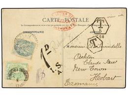 AUSTRALIA. 1906. MORLAYE (France) To HOBART (Tasmania). Postcard Franked With French 5 Cts. Green Stamp. Taxed On Arriva - Autres & Non Classés