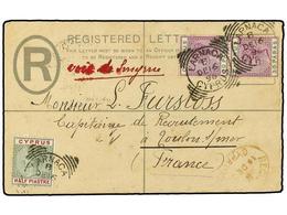 CHIPRE. 1896. LARNACA A FRANCIA. Entero Postal De Certificados De 2 Pi. Azul Con Franqueo Complementario De 1/2 Pi. Y 30 - Autres & Non Classés