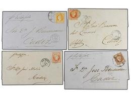 GIBRALTAR. 1856-60. Four Letters From GIBRALTAR To CADIZ Sent With Spanish Stamps Of 4 Cuartos, Tied In San Roque. - Other & Unclassified