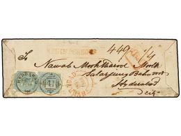 INDIA INGLESA. 1868. HYDERABAD. Registered Envelope Franked With 1/2 Anna Blue And 4 Annas Green. Light Faults. - Autres & Non Classés