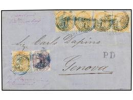 INDIA INGLESA. 1873. CALCUTA To GENOVA. 8 Pi. Lilac And 2 Annas Yellow (5) Commercial And Post Cancellations, Arrival Cd - Otros & Sin Clasificación