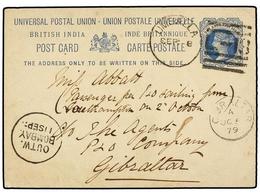 INDIA. 1879. UMBALLA To GIBRALTAR. 1/2 Anna Blue Postal Stationery Card. Arrival On Front. RARE Destination At This Time - Altri & Non Classificati