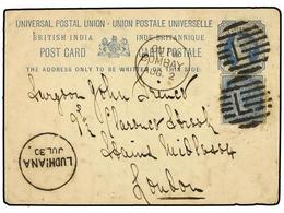 INDIA INGLESA. (1885 CA.). LUDHIANA To LONDON. 1 1/2 Anna Postal Stationary Uprated With 1/2 Anna Blue. - Other & Unclassified