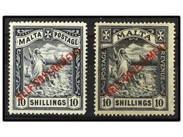 * MALTA. Sg.105, 121. 1922. 10 Sh. Black. 2 Stamps CC And CA Water Mark. Light Hinged. Stanley Gibbons.390£. - Otros & Sin Clasificación