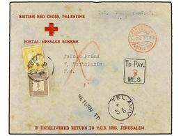 PALESTINA. 1942. JERUSALEM To TEL AVIV. RED CROSS Envelope With POSTAGE PAID Taxed With Palestina 1 M. Brown And 2 M. Ye - Autres & Non Classés