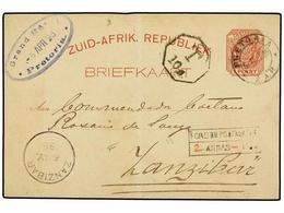 ZANZIBAR. 1895. PRETORIA (South Africa) To ZANZIBAR. Postal Stationery Card Of 1 P. Red Taxed With 10 Cents. And 2 Annas - Otros & Sin Clasificación