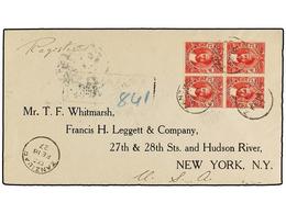 ZANZIBAR. Sg.306 (4). 1927. ZANZIBAR To NEW YORK. 12 Cents. Red Block Of Four, Arrival Cds On Reverse. - Other & Unclassified