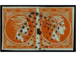 ° GRECIA. Hl.26a. 1868-69. 10 L. Red Orange, Pair. Left Stamp ´0´ Of ´10´ Broke. Fine. Hellas.90€. - Autres & Non Classés