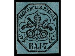 * ITALIA ANTIGUOS ESTADOS: ESTADOS PONTIFICIOS. Sa.8. 1852. 7 Baj. Azul. Grandes Margenes, Goma Original. MAGNÍFICO EJEM - Other & Unclassified