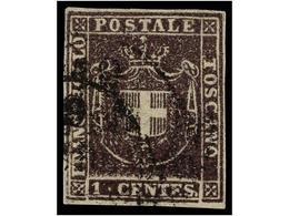 ° ITALIA ANTIGUOS ESTADOS: TOSCANA. Sa.17. 1860. 1 Cto. Violeta Oscuro, Margenes Completos. MAGNÍFICO. Sassone.+1.350&eu - Autres & Non Classés