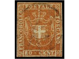 ° ITALIA ANTIGUOS ESTADOS: TOSCANA. Sa.22. 1860. 80 Cent. Naranja, Margenes Completos. Muy Bonito Ejemplar. Sassone.2.00 - Autres & Non Classés