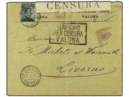 ALBANIA. Sa.10. 1916. VALONA A LIVORNO. 20 Cts. S. 15 Cts. Gris Sobrecarga En Violeta Oscuro. Etiqueta Y Marca De Censur - Otros & Sin Clasificación