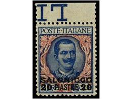 ** LEVANTE: CORREO ITALIANO. Sa.7. 1909. SALONICO. 20 Piastre S. 5 Liras.  Centraje Perfecto. MAGNÍFICO EJEMPLAR. - Altri & Non Classificati