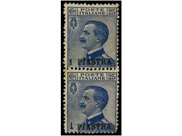 * LEVANTE: CORREO ITALIANO. Sa.11f+11. 1908. 1 Pi. S. 25 Cts. Azul. Pareja Vertical, Un Sello ´1´ Puesto A Mano. Sassone - Other & Unclassified