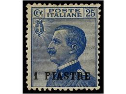 * LEVANTE: CORREO ITALIANO. Sa.11g. 1908. COSTANTINOPOLI. 1 Pi. S. 25 Cts. Azul. ´E´ En Vez De ´A´. Sassone.320€. - Otros & Sin Clasificación