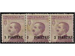 ** LEVANTE: CORREO ITALIANO. Sa.12i. 1908. 2 Pi. S. 50 Cent.  Lila. Tira De Tres, Sello Central ´2´ Separado De Piastre. - Altri & Non Classificati