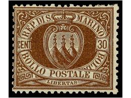 * SAN MARINO. Yv.6. 1877. 30 Cent. Castaño. Bonito Ejemplar. Yvert.900€. - Otros & Sin Clasificación