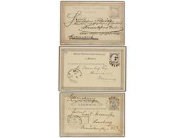 LIBERIA. 1889-94. 3c. Blue & Red On Buff Postal Stationery Cards (3), All Being Used Examples Demonstrating The Three Ty - Other & Unclassified
