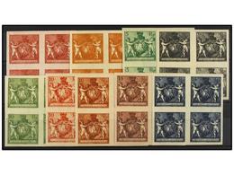 (*) LIECHTENSTEIN. Mi.45 (4), 48 (8), 49 (4), 50 (12), 52 (8) PK. 1921. Imperforate PROOFS In Block Of Four. 2 Rp. Red, - Otros & Sin Clasificación