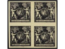 (*) LIECHTENSTEIN. Mi.52 PK. 1921. 15 Rp. Black Violet. Imperforate PROOFS, Block Of Four. Original Printed Colour. - Altri & Non Classificati