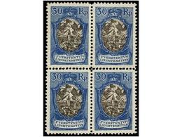 **/* LIECHTENSTEIN. Yv.64. 1925. 30 Rp. Blue And Black. Block Of Four (one Stamp Hinged). Partial Horizontal DOUBLE PERF - Altri & Non Classificati