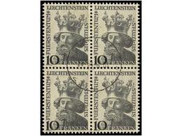 ° LIECHTENSTEIN. Mi.247 (4). 1946. 10 Fr. Black On Yellow. Block Of Four. Fine In Used. Michel.160€. - Autres & Non Classés