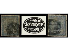 ° NEPAL. Mi.7B, 10B. 1898-99. 1 Anna Blue. 2 Stamps With TAULIHAWA Postal-seal Cancellation. Very Rare, Only A Few Known - Otros & Sin Clasificación