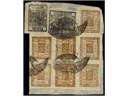 NEPAL. Mi.13B (2) + 32b. 1922-30. 2 Annas Orange Brown Block Of Five And 1/2 Anna Black (2) On Piece With BIRGANJ Telegr - Autres & Non Classés